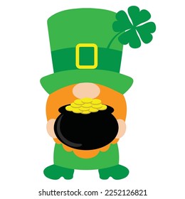 Cute Patrick leprechaun gnome dwarf holding a pot of gold