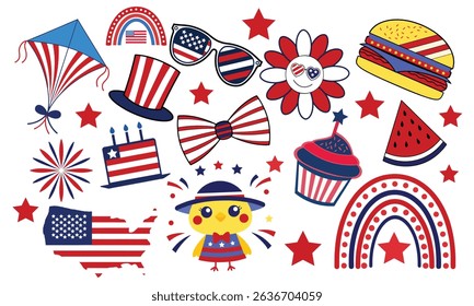 Cute Patriotic 4th of July Clipart Set Featuring USA Symbols, Festive Food, Fireworks, and American Flag Elements, Fun Red White Blue Holiday Graphics for Kids and Crafts