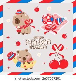 Cute patriotic capybara in 4th of July elements. vector illustration.