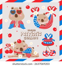Cute patriotic capybara in 4th of July elements. vector illustration.