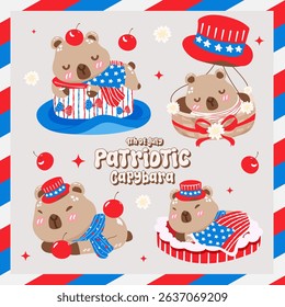 Cute patriotic capybara in 4th of July elements. vector illustration.