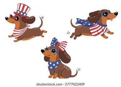 Cute patriotic dachshund characters wearing American flag outfits sunglasses and hat celebrating fourth of july holiday in playful cartoon style