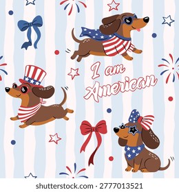 Cute patriotic dachshund seamless pattern with American flag outfit stars bows fireworks and playful sausage dogs celebrating fourth of july holiday