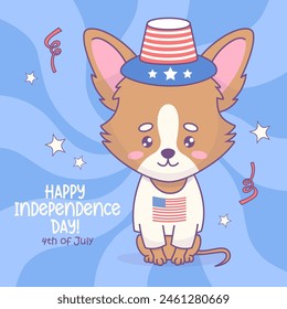 Netter patriotischer Hund Chihuahua in Ferienhut und T-Shirt mit amerikanischer Flagge. Lustige Cartoon kawaii Tierfigur. In: American Independence Day Card. Vektorillustration