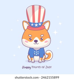 Lindo perro patriótico Shiba Inu con sombrero de fiesta y camiseta en colores de la bandera estadounidense. Caricatura divertida de vacaciones kawaii personaje. Postal del Día de la Independencia Americana. Ilustración vectorial.