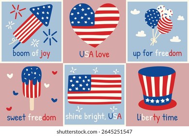 Bonitos rabiscos patrióticos de símbolos americanos em vermelho, branco e azul. Inclui coração, bandeira, balões, chapéu, picolé e fogos de artifício. Perfeito para gráficos e artesanato da festa de 4 de julho.