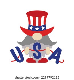 Cute patriotic gnome by July 4th. American Independence Day. A gray-haired elf with a beard and mustache holds a USA garland. Leprechaun in a traditional hat. Cartoon vector clipart isolated on white