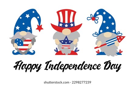 Cute patriotic gnomes by July 4th. American Independence Day. Elves with beards hold a heart, a star, a petard in the colors of the USA flag. A set of dwarves in national hats. Cartoon vector clipart