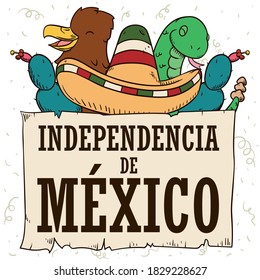 Cute patriotic Mexican symbols celebrating the Mexico's Independence Day: royal eagle, charro hat, snake and cactus behind scroll (texts written in Spanish).
