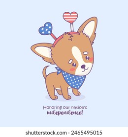 Netter patriotischer Welpe chihuahua in Urlaubsaccessoires in den Farben amerikanische Flagge. Lustige Cartoon kawaii Tierfigur. American Independence Day Karte mit Slogan Glückwunsch. Vektorillustration