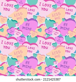 Cute pattern with 14 February. Sweet candy in the form of hearts with inscriptions-i love you, i miss you, be mine. Hand drawn illustration.