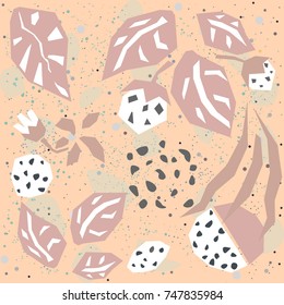 Cute Pattern with abstract plants and tiny dots. Great for Wall Art, t-shirts, cups, fabric, textile, gift wrapping, scrapbooks, etc. Vector Illustration.