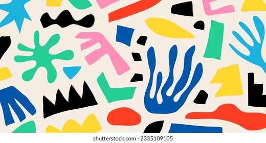 Patrón lindo con formas abstractas en estilo matismo. Fondo con varias formas orgánicas y líneas simples. Fondo de arte Doodle en tonos pastel. Ilustración del vector