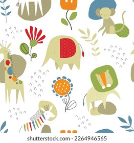 Cute pattern with African animals. Savannah animals. Vector seamless background with cartoon animals. Lion, zebra, giraffe, monkey, elephant. Fabric, wallpaper, paper.