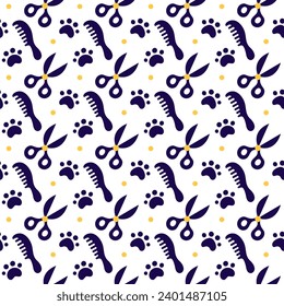 Cute pattern with animal combs, scissors and paw track. Seamless pattern with pet tools and animals paws on white background.  