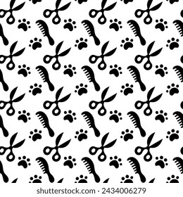 Cute pattern with animal combs, scissors and paw track. Seamless pattern with pet tools and animals paws on white background. Black and white pattern