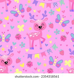 Cute pattern with animals. Baby deer, butterfly and flowers cartoon illustration. Vector seamless pink pattern for little girl.
