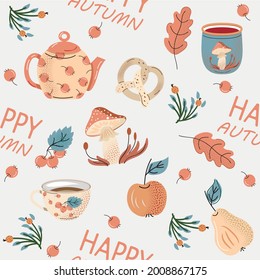 Cute pattern of autumn food. Autumn pattern in a flat style. Vector illustration.