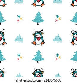 Cute pattern with baby penguin listening to music with headphones. Funny antarctic bird, trees, winter sea and icebergs hand drawn in doodle style. Seamless background for kids textile