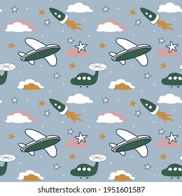 Cute pattern for baby products. Hand drawn cars, helicopter, airplane, clouds, for children's clothing, textiles