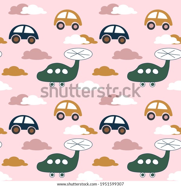 \
Cute pattern for baby\
products. Hand drawn cars, helicopter, clouds, for childrens\
clothing, textiles
