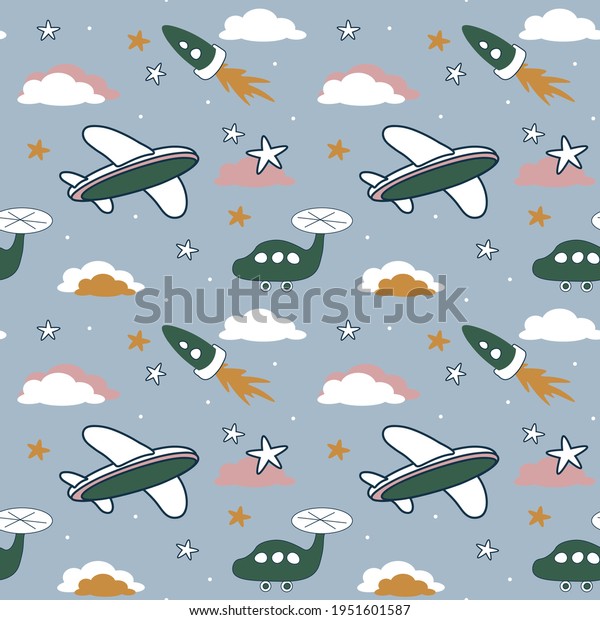Cute pattern\
for baby products. Hand drawn cars, helicopter, airplane, clouds,\
for children\'s clothing,\
textiles