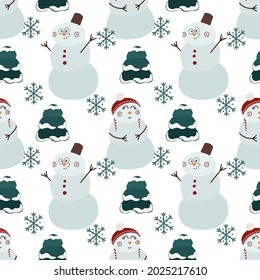 Cute pattern with baby snowmen. Vector seamless background