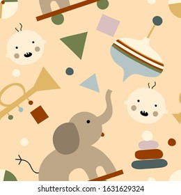 Cute pattern with baby's toys  the pink background . Funny minimalistic print  for textiles, wallpapers, designer paper, etc
