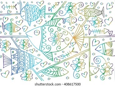 Cute  pattern background with fishes in doodle style