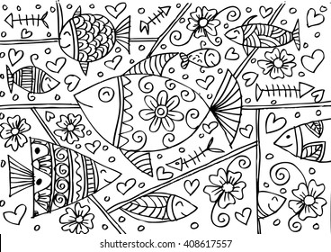  Cute  pattern background with fishes in doodle style