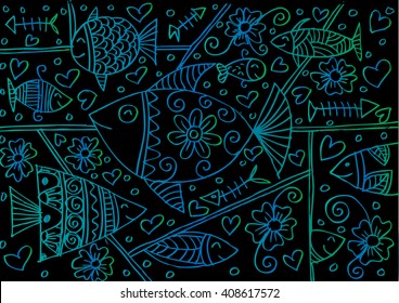  Cute  pattern background with fishes in doodle style
