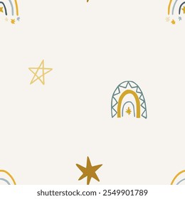 Cute pattern background with hand drawn stars and rainbows. Vector childish pattern. Trendy print for textiles, wallpaper and packaging. Perfect for holiday decorations.
