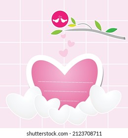 Cute pattern background with paper hearts and love birds