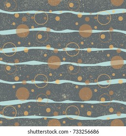 Cute Pattern with balls and pastel blue stripes on dark background with tiny dots. Hand Drawn Design.