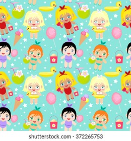 Cute pattern with beach girls in flat design with different elements on a blue background.