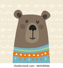 Cute Pattern With Cute Bear And Arrows In Cartoon Style. Camping