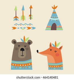 Cute pattern with cute bear and arrows in cartoon style. Camping