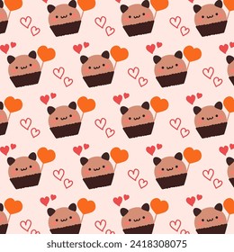 Cute pattern with cute bear cupcake and heart on a soft brown background.