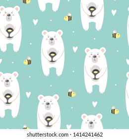 Cute pattern with a bear with honey and bees. Vector childish illustration on mint background. Printing on textiles, clothing, fabrics, wallpaper, wrapping paper.