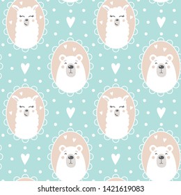 Cute pattern with a bear and a llama face. Portraits of animals in frames. Vector mint baby background. Printing on packaging paper, fabrics, textiles, clothing, linen.