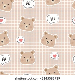 Cute pattern with bear on beige checkered background. Vector seamless texture for kids fabric, wrapping paper, design.
