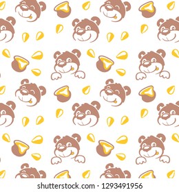 Cute pattern with bears and honey. Seamless pattern for textile or paper. Vector illustration.