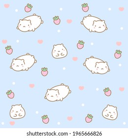 Cute pattern with bears and strawberries on a blue background.
