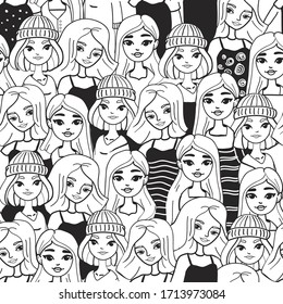 Cute pattern with beautiful girls faces. Vector illustration.