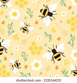 Cute pattern with bee, flowers and honey elements. Vector separated on luminous background