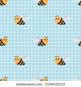 Cute pattern with bee on blue checkered background. Vector seamless texture for kids fabric, wrapping paper, design.