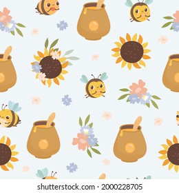 Cute pattern with bees and sunflowers. Summer honey pattern