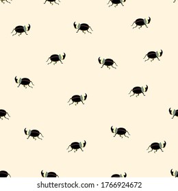 Cute pattern with  berhinoceros beetles  on the white background. Seamless pattern design for fabrics or wallpapers. Vector Illustration.