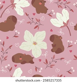 Cute pattern with big white flowers. plants, hearts and capybaras on pink background. Seamless pattern with flowers and animals for Valentine's Day.