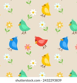 Cute pattern with bird and flowers. Hand draw nature vector pattern